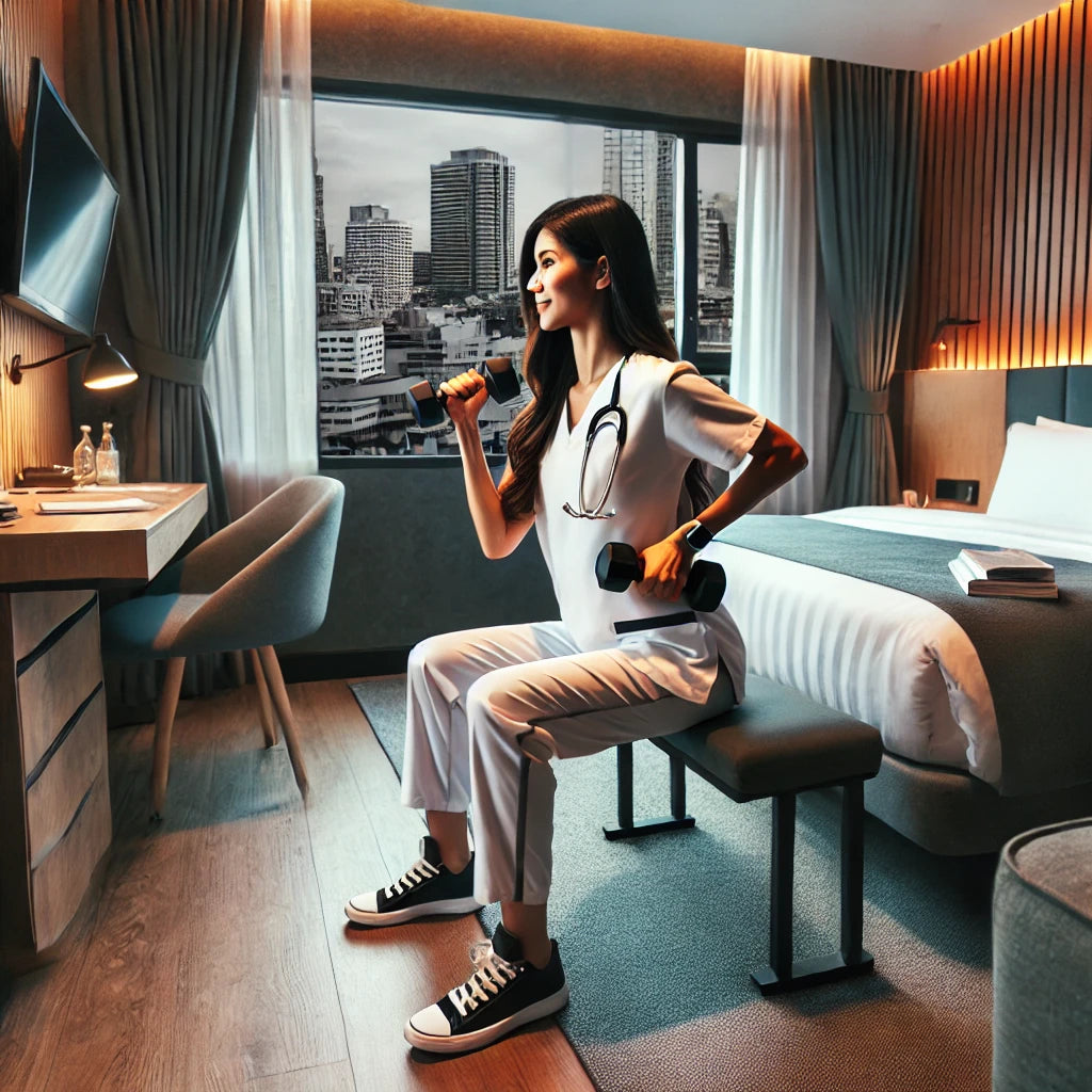 Travel nurse performing a dumbbell workout in a modern hotel room with cityscape view, using small space effectively for fitness.