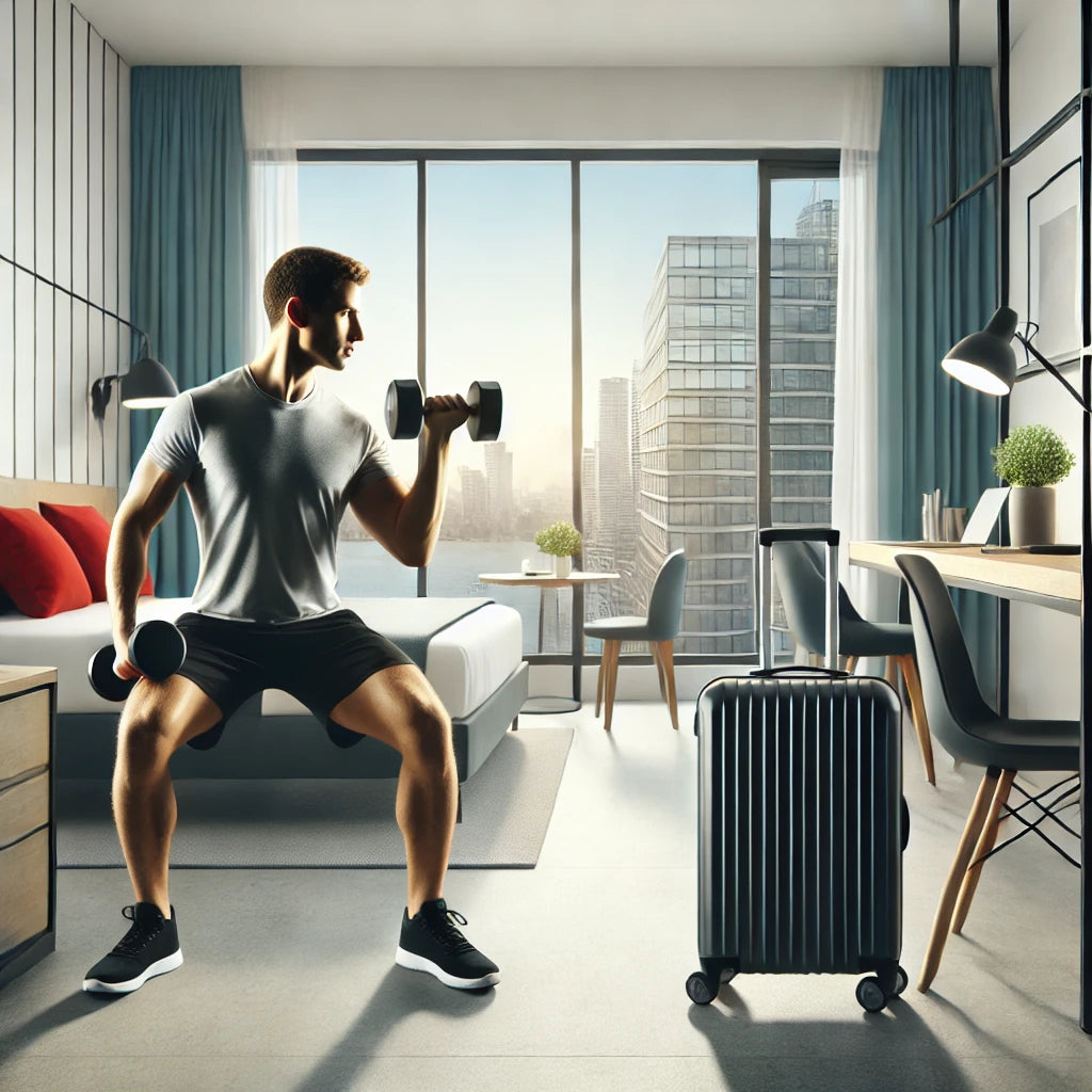 A fit professional working out with dumbbells in a modern, compact hotel room, with luggage in the background.