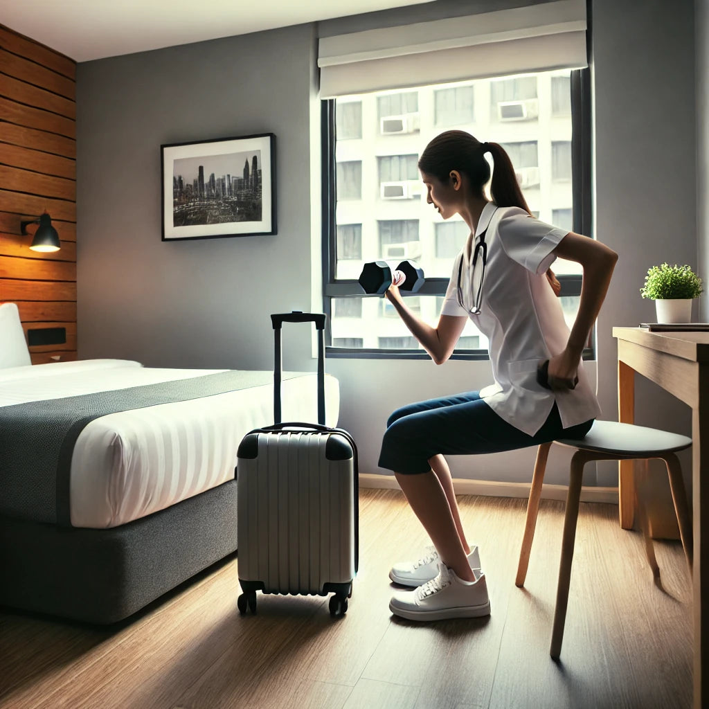 Travel nurse performing a dumbbell curl workout in a compact hotel room with minimal equipment, utilizing efficient use of space. The room includes a bed, suitcase, and chair, with a cityscape view outside the window, suggesting travel.