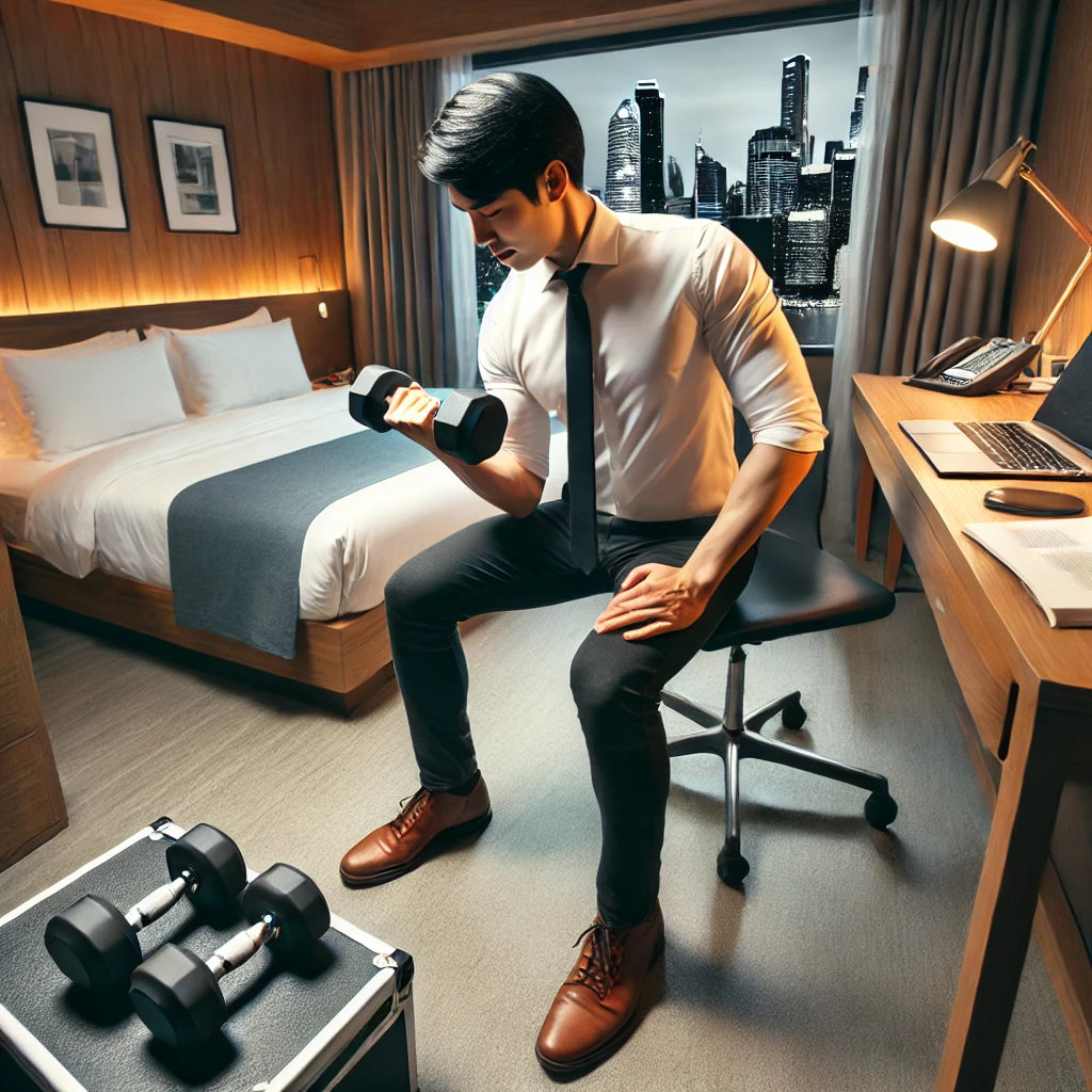 A traveling professional working out with dumbbells in a small, organized hotel room, demonstrating the versatility of dumbbell exercises in confined spaces.
