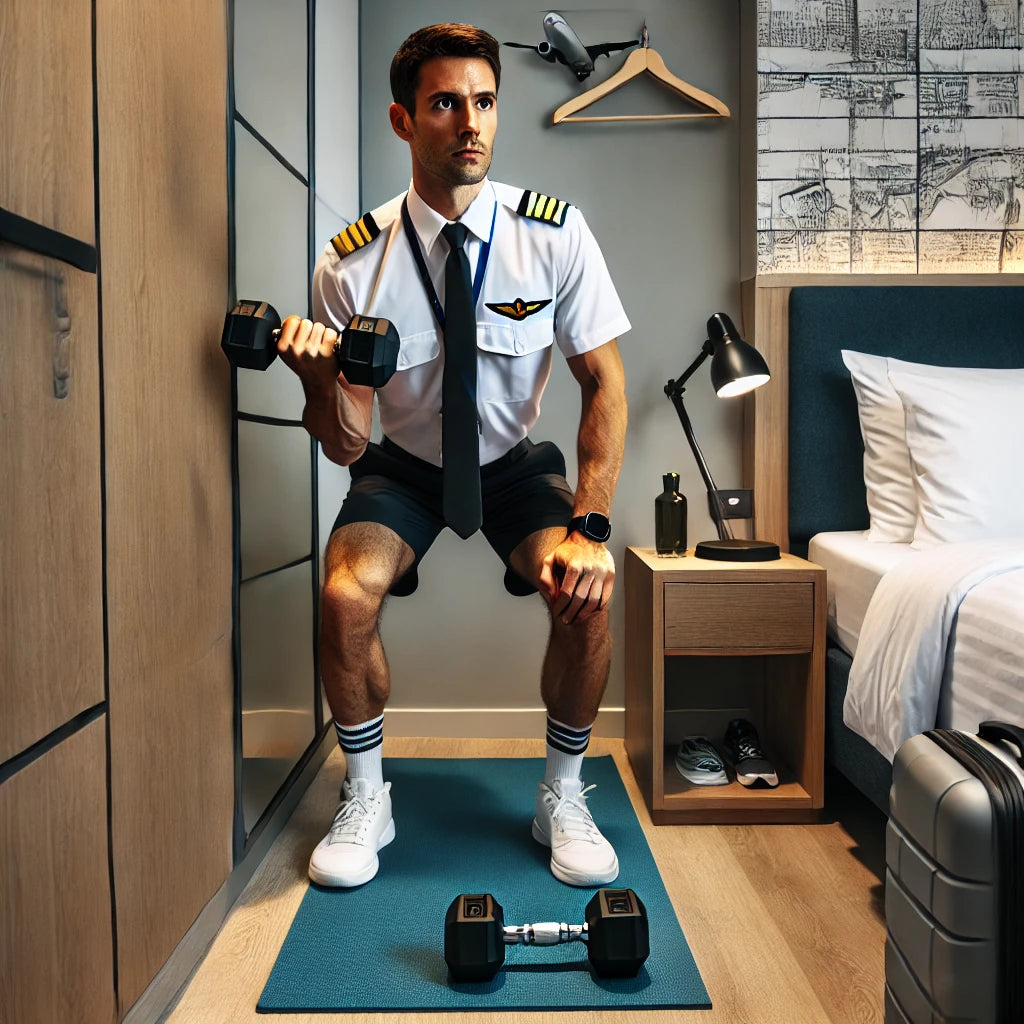 Busy professional performing a dumbbell workout in a compact hotel room, demonstrating the feasibility of maintaining fitness routines on the go with a 6 Day Split Workout plan.