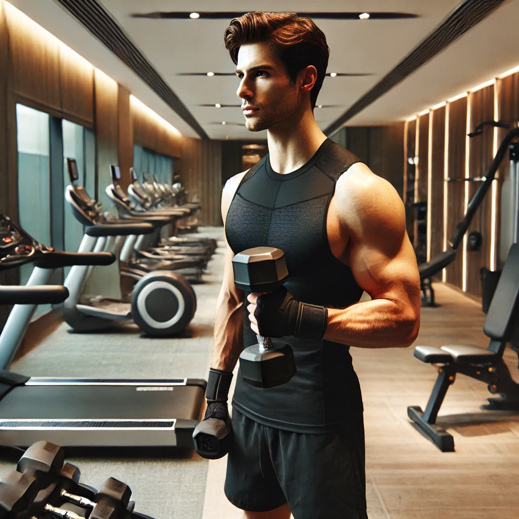 A determined professional working out in a well-lit hotel gym, using dumbbells for a strength training routine.