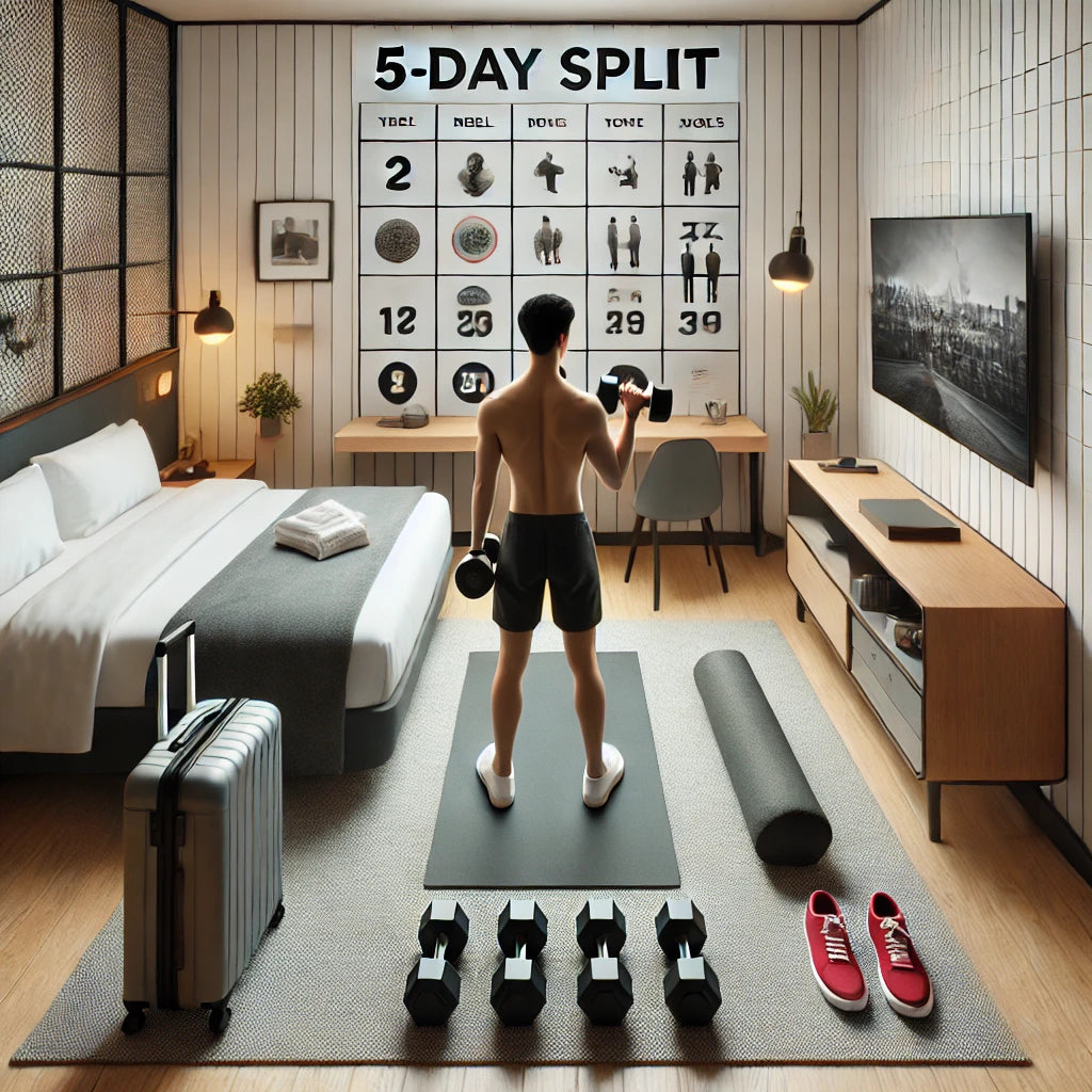 A travel-friendly workout scene in a modern hotel room with a person performing dumbbell exercises.