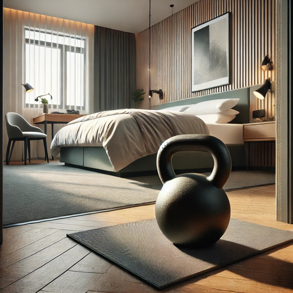 Kettlebell and workout mat in a small hotel room, showcasing a versatile setup for on-the-go full-body workouts.