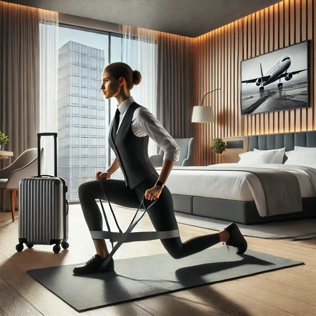 Traveler performing an inner thigh workout using a resistance band in a bright hotel room with a cityscape view.