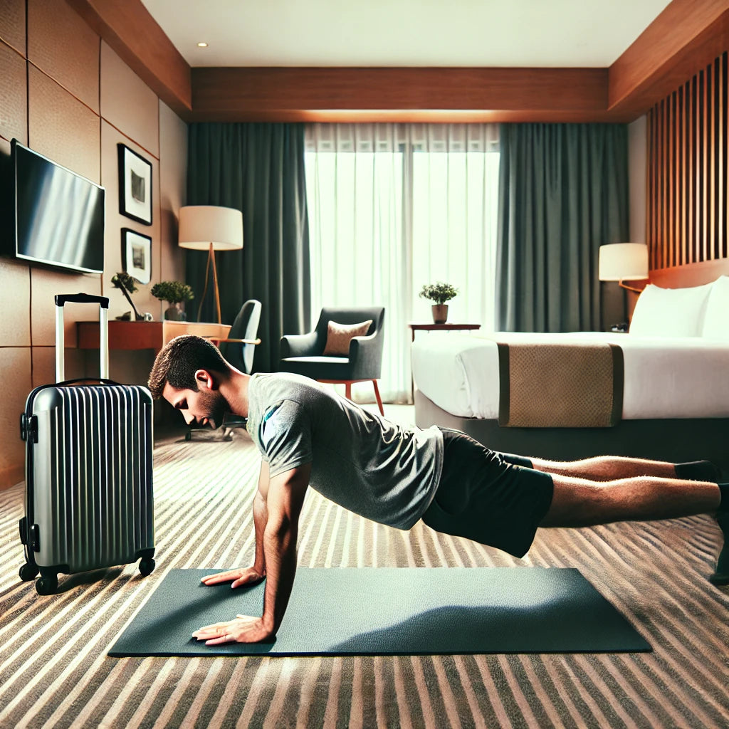 Traveling professional performing a side-lying leg lift exercise on a yoga mat in a modern hotel room.