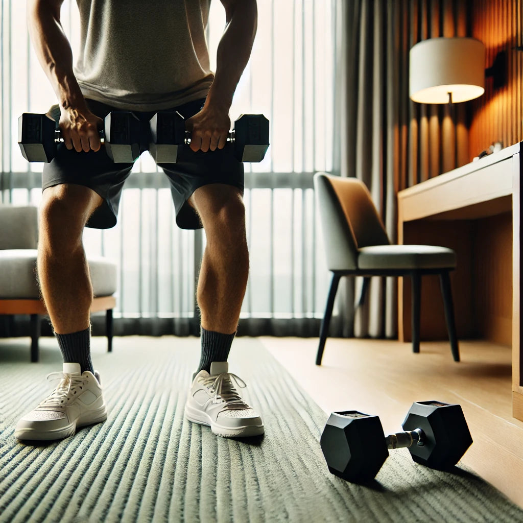 A traveler performing a dumbbell sumo squat in a well-lit hotel room, showcasing an inner thigh workout that can be done in small spaces without gym equipment.