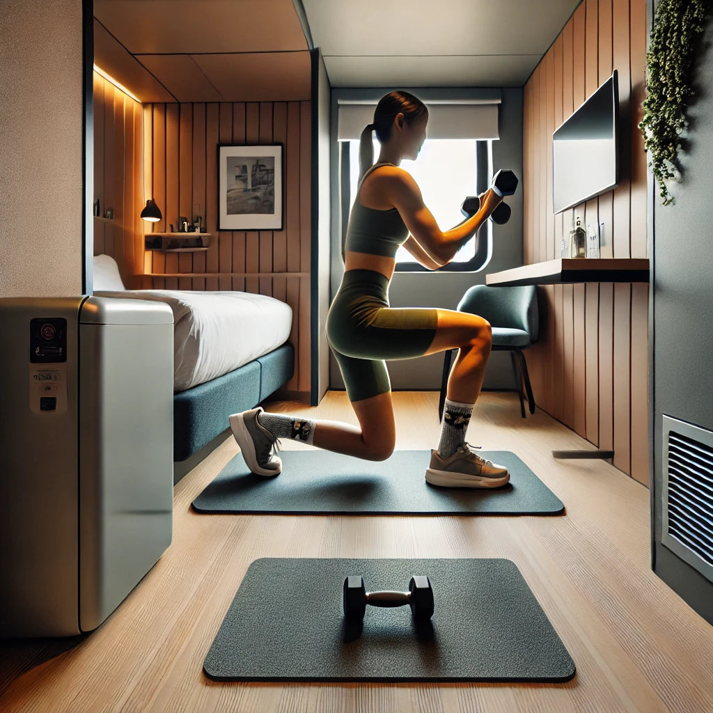 Travel nurse performing inner thigh exercises with dumbbells in a compact hotel room, demonstrating how to stay fit in small spaces while on the go.