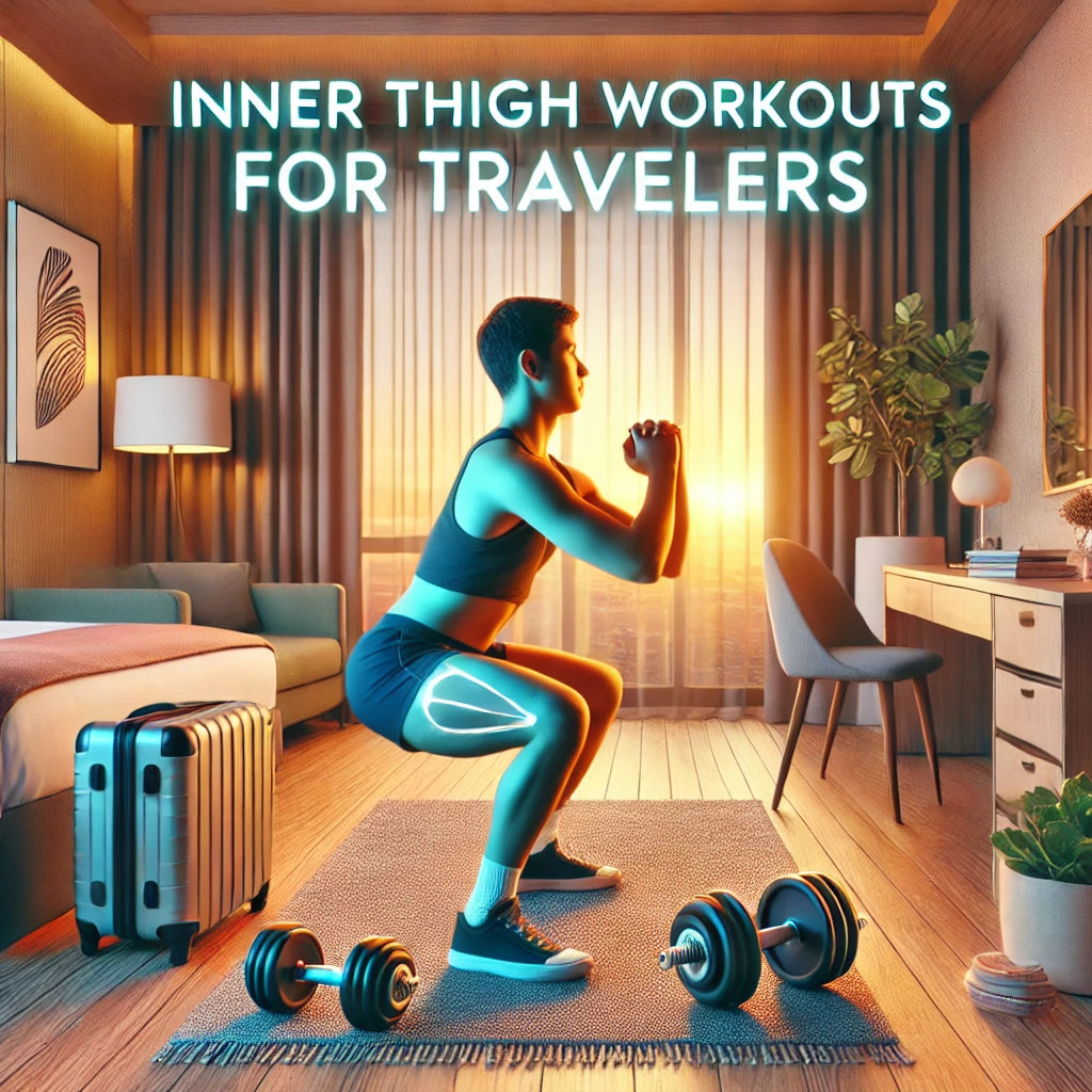 A motivational featured image of a person performing a sumo squat in a compact hotel room with workout gear, highlighting inner thigh workouts for travelers.