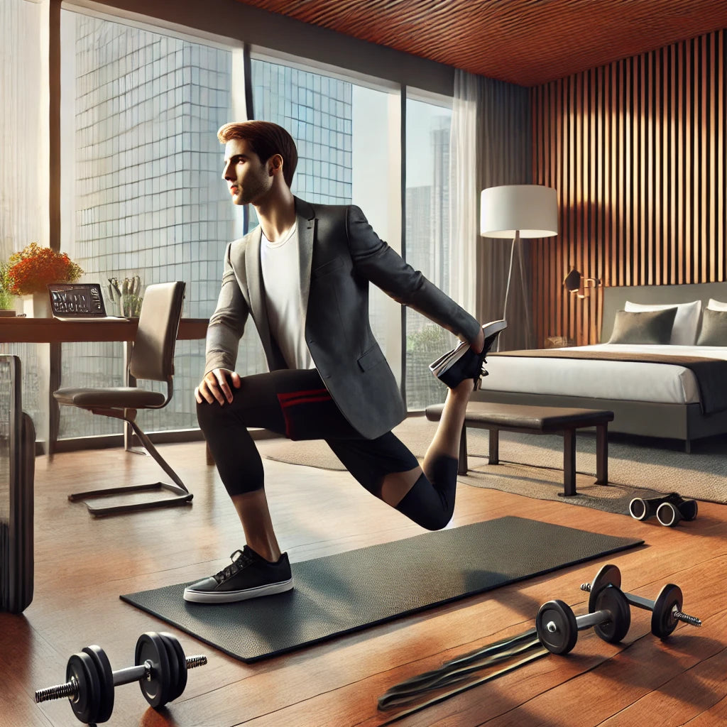 Professional traveler performing side-lying leg lifts in a modern hotel gym, focusing on inner thigh workouts with a view of a city skyline in the background.