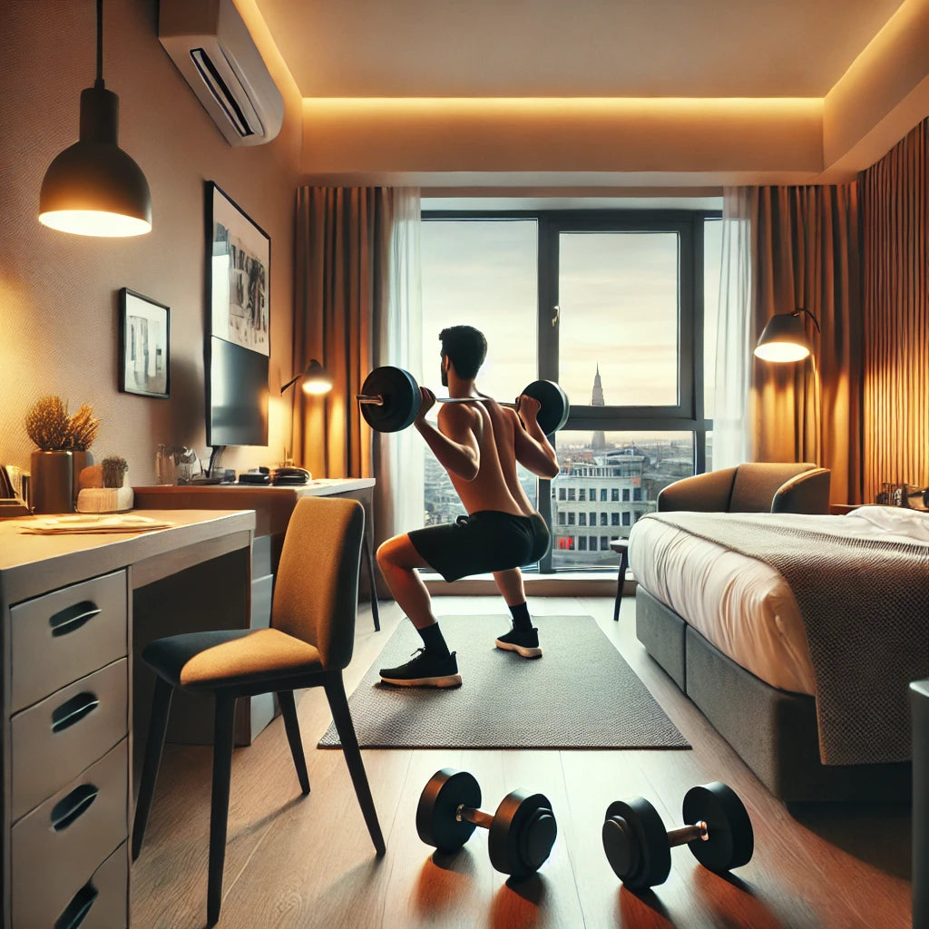 Traveler performing a squat press with dumbbells in a compact hotel room, demonstrating an effective equibase workout.
