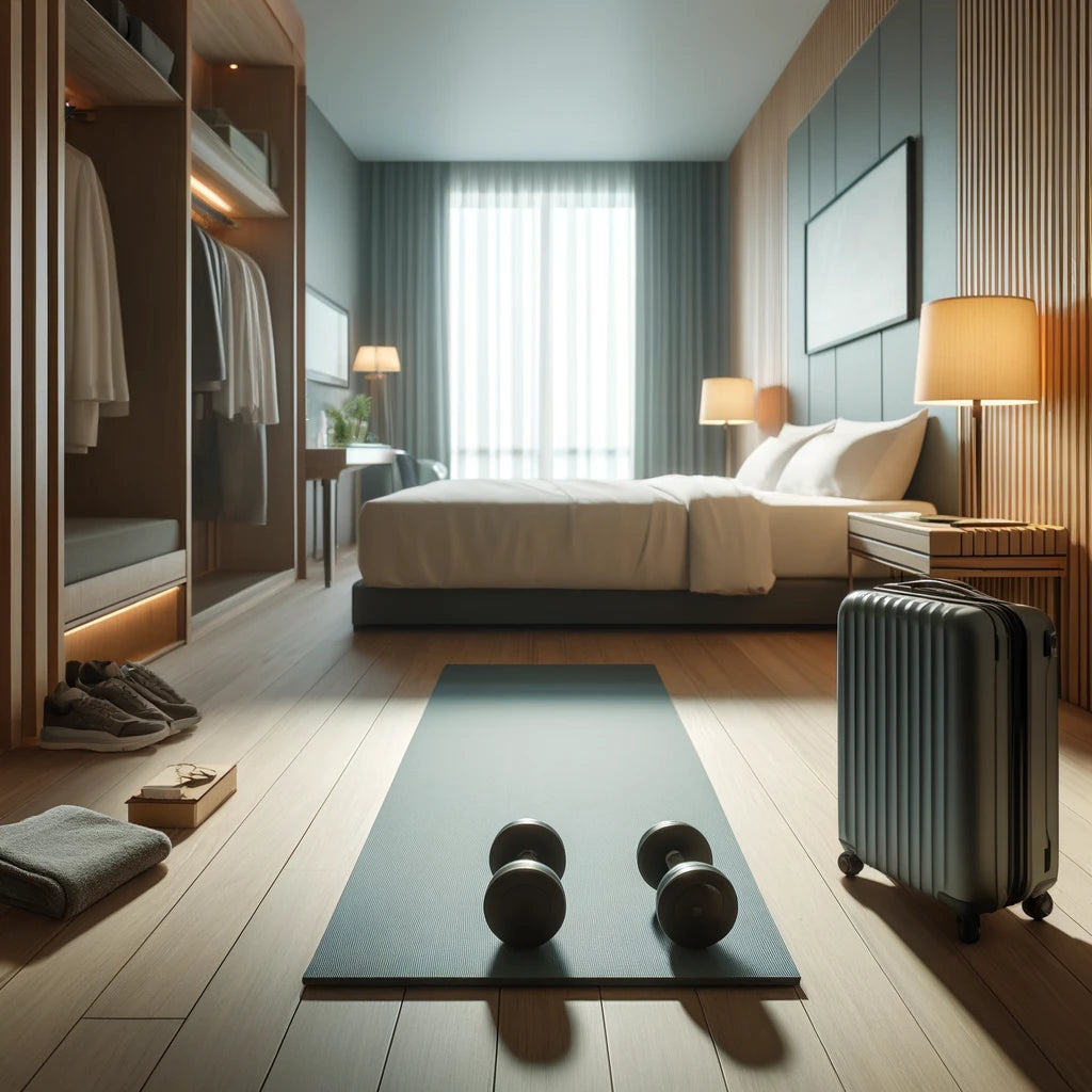 Compact hotel room prepared for a workout with a yoga mat, dumbbells, and an open suitcase, reflecting the lifestyle of traveling professionals like flight crew members and travel nurses.