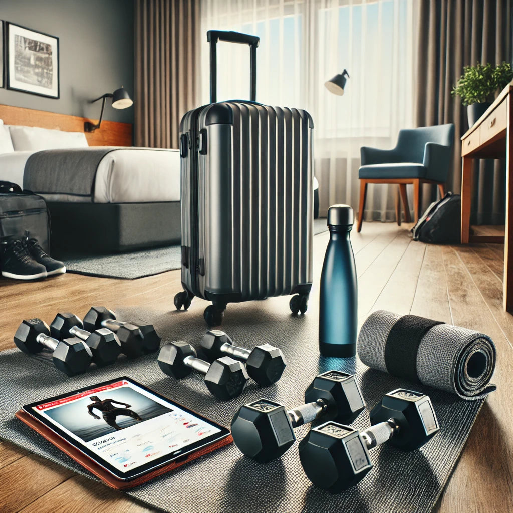 Featured image for a blog post on Equibase workouts, showing a well-organized workout setup in a modern hotel room with adjustable dumbbells, a workout mat, a water bottle, and a tablet displaying a workout plan.