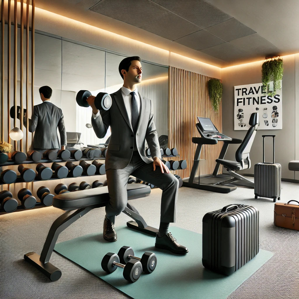 A professional traveler performing a shoulder press with dumbbells in a compact hotel gym, featuring an adjustable bench, yoga mat, and motivational posters on the walls.