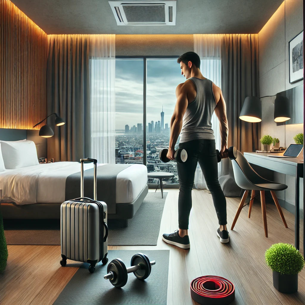 Professional traveler in a modern hotel room gym, performing a dumbbell workout with a yoga mat and resistance band, emphasizing efficiency and fitness on the road.