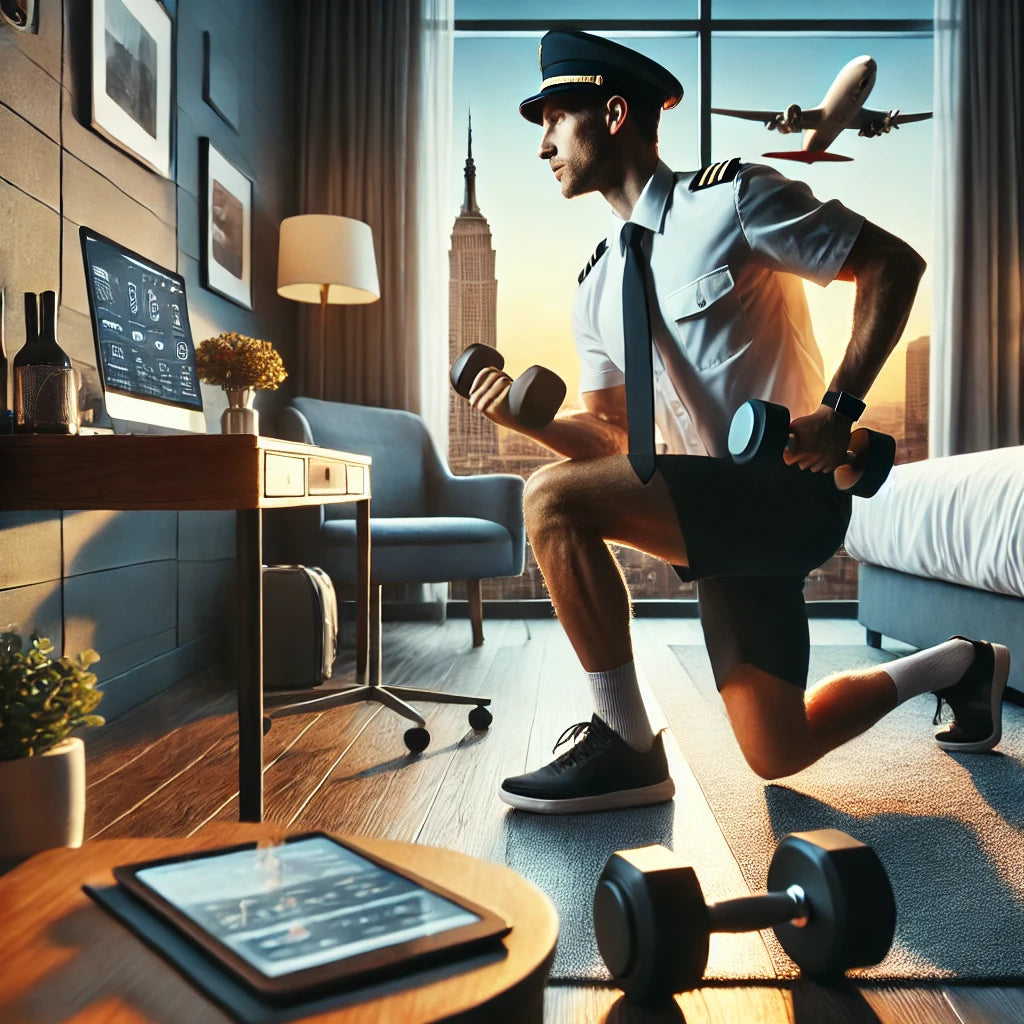 Busy traveler, such as a pilot, performing a dumbbell workout in a small hotel room while following a routine on a tablet, showcasing the practicality of maintaining fitness on the go.