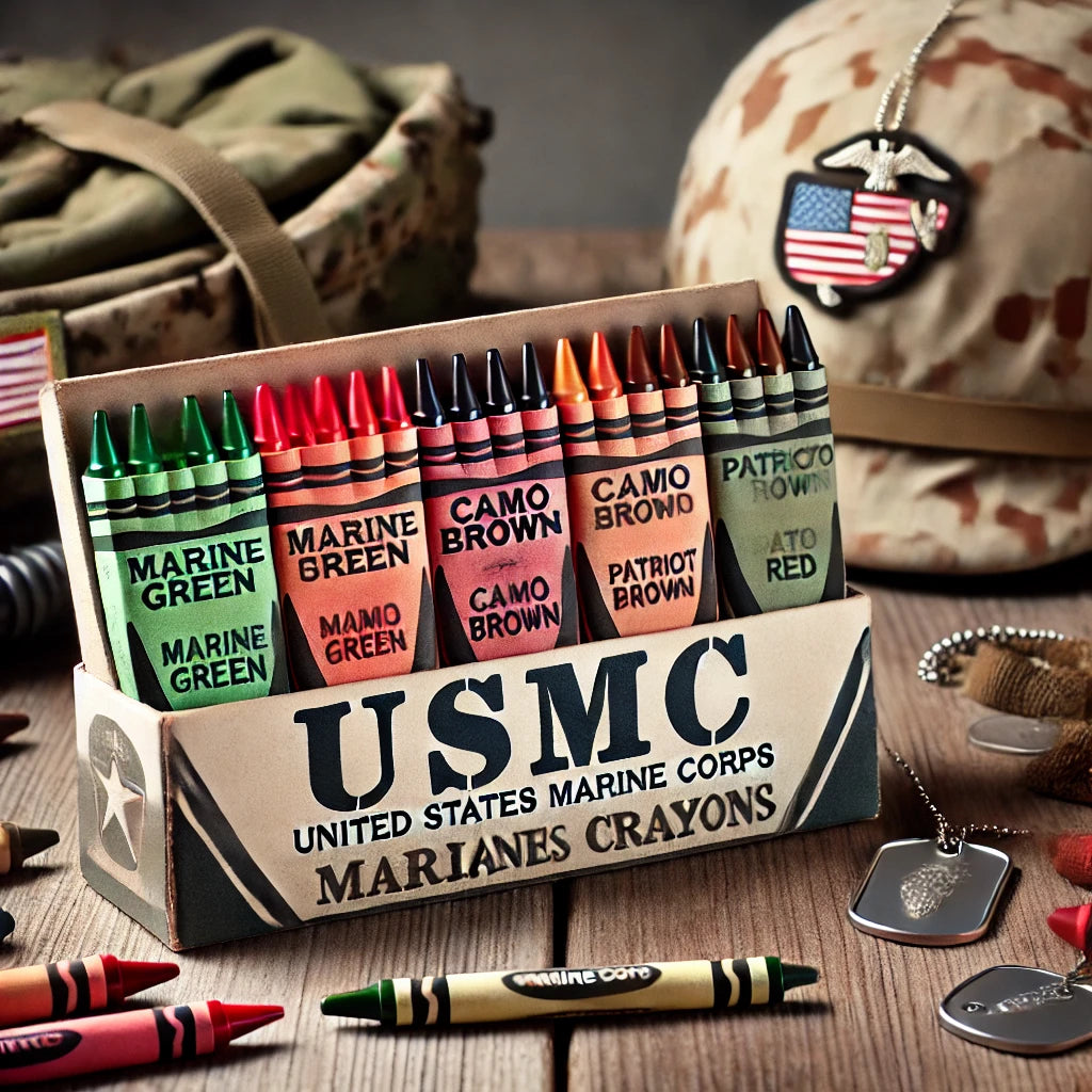 A box of USMC-themed crayons with colors labeled 'Marine Green,' 'Camo Brown,' and 'Patriotic Red,' placed on a table with military gear such as dog tags and a helmet.