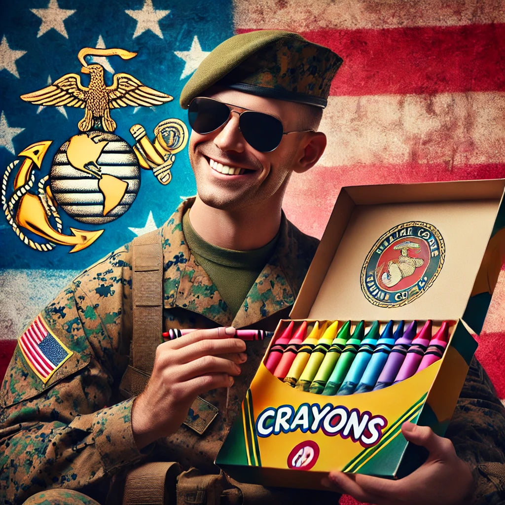 U.S. Marine in uniform holding a colorful box of crayons, smiling playfully, with subtle Marine Corps elements in the background, symbolizing camaraderie and humor within the USMC culture.