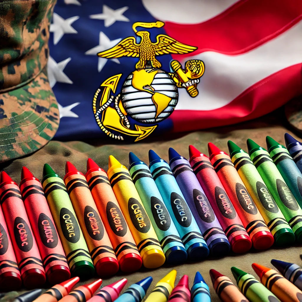 A row of colorful crayons in red, yellow, blue, and green, with the United States Marine Corps emblem subtly visible in the background.