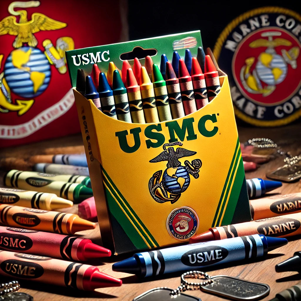 Colorful USMC-themed crayons in a collector’s box, displayed alongside Marine Corps memorabilia such as badges and dog tags, symbolizing pride and camaraderie within the Marine Corps community