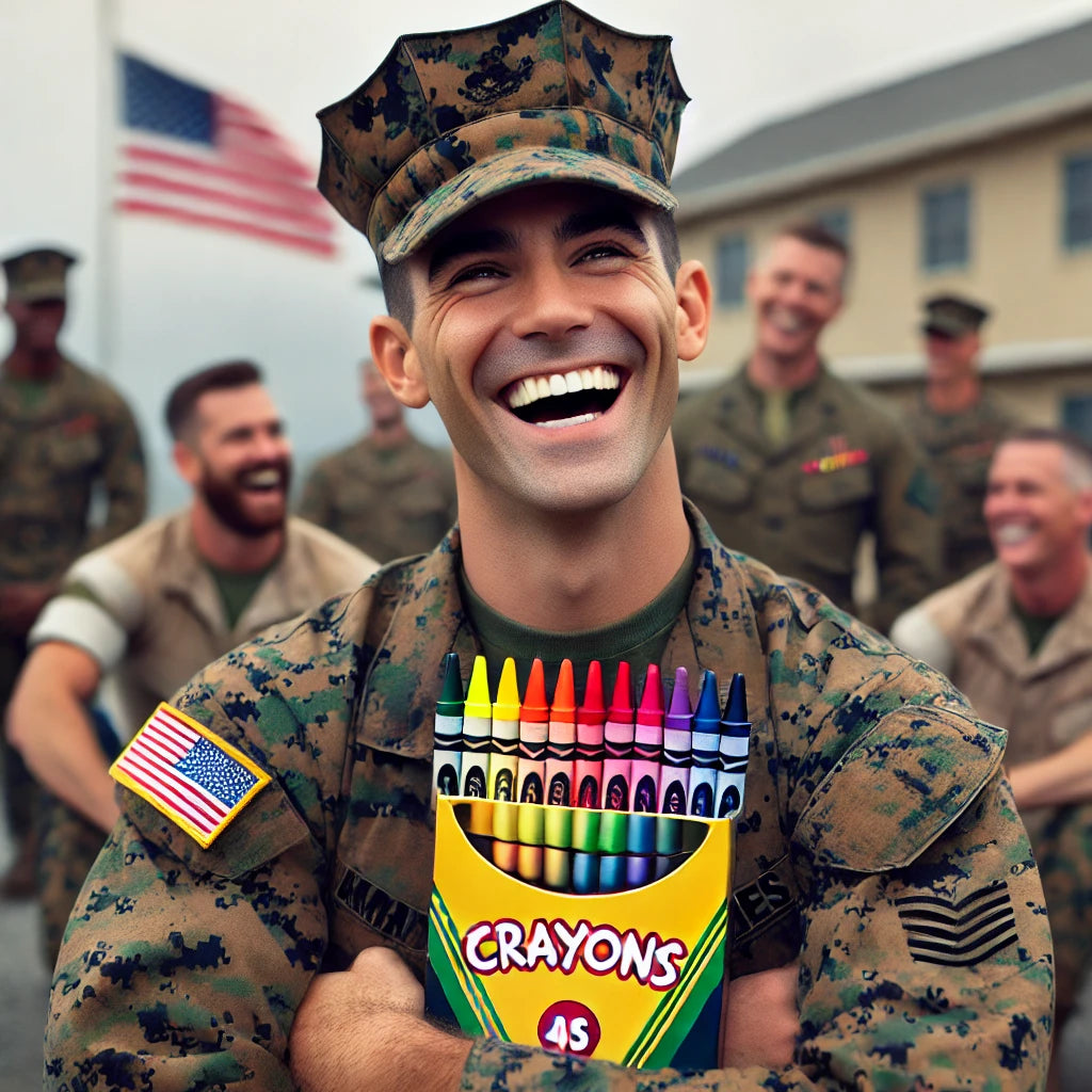 U.S. Marine in uniform smiling and holding colorful crayons, standing at a military base with fellow Marines laughing in the background, symbolizing the humorous "Marine Crayons" myth.