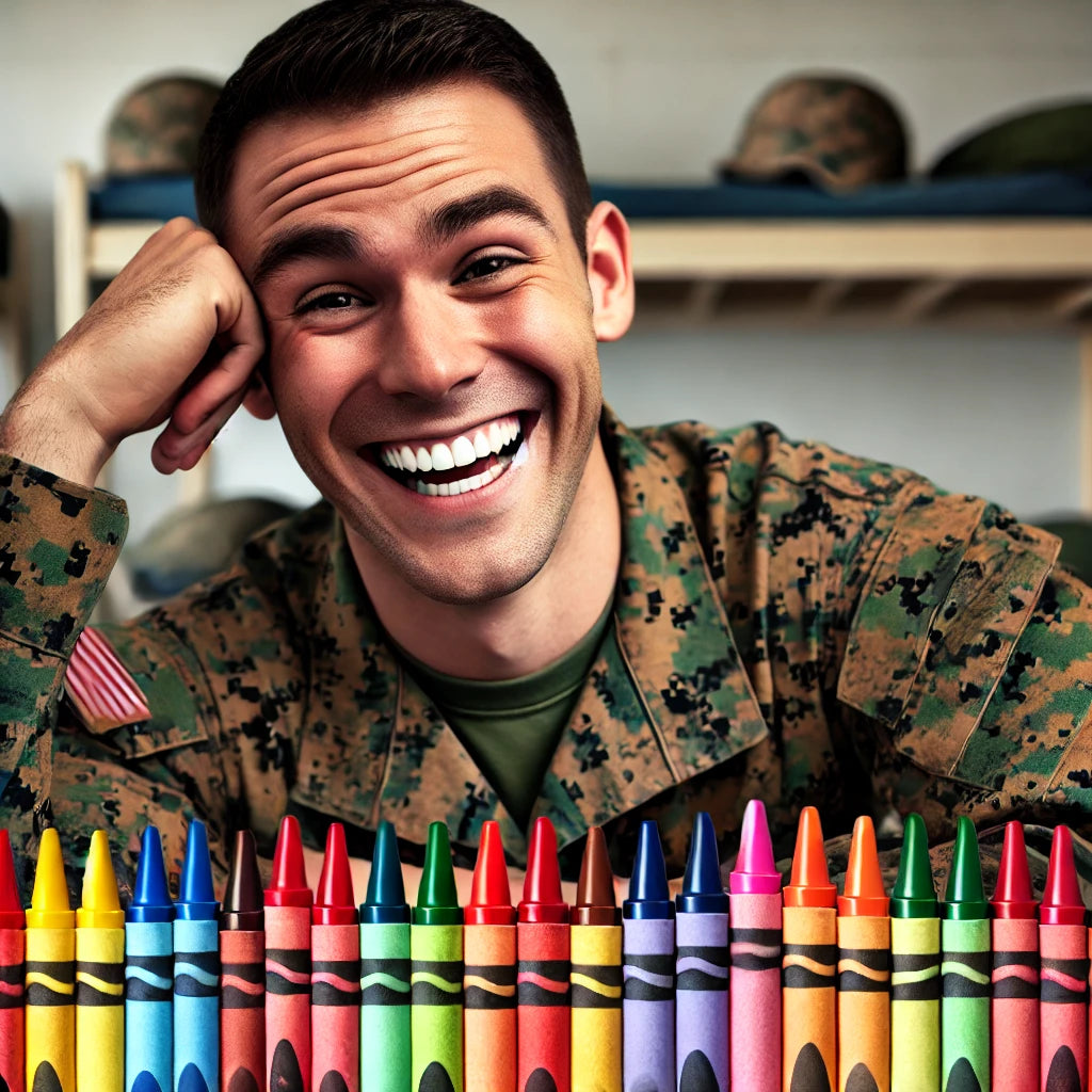 A smiling Marine in uniform sits casually in a barracks, with colorful crayons scattered humorously on the desk in front of them, reflecting the playful "crayon-eating Marine" joke within the USMC community.