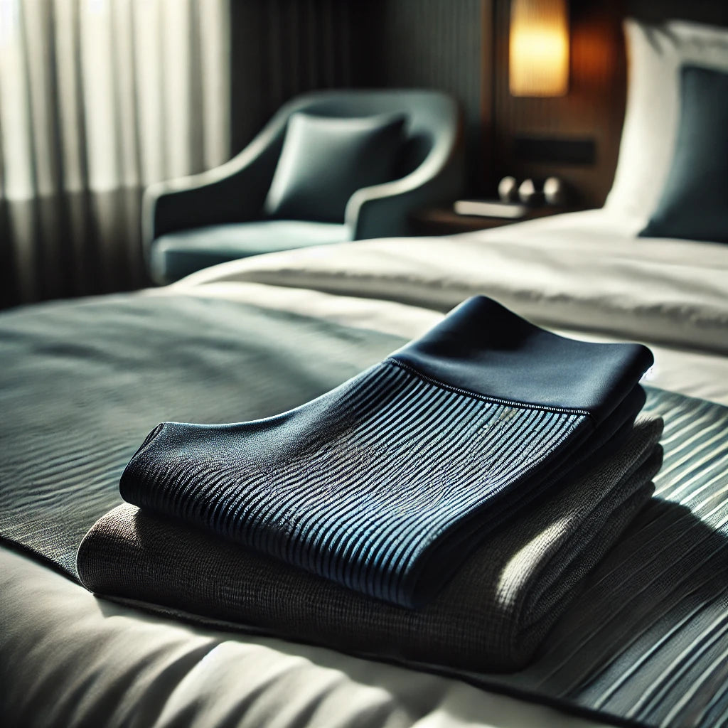 Navy blue yoga leggings folded on a hotel bed with workout equipment like a fitness mat and dumbbells in the background, highlighting a simple hotel room workout space.