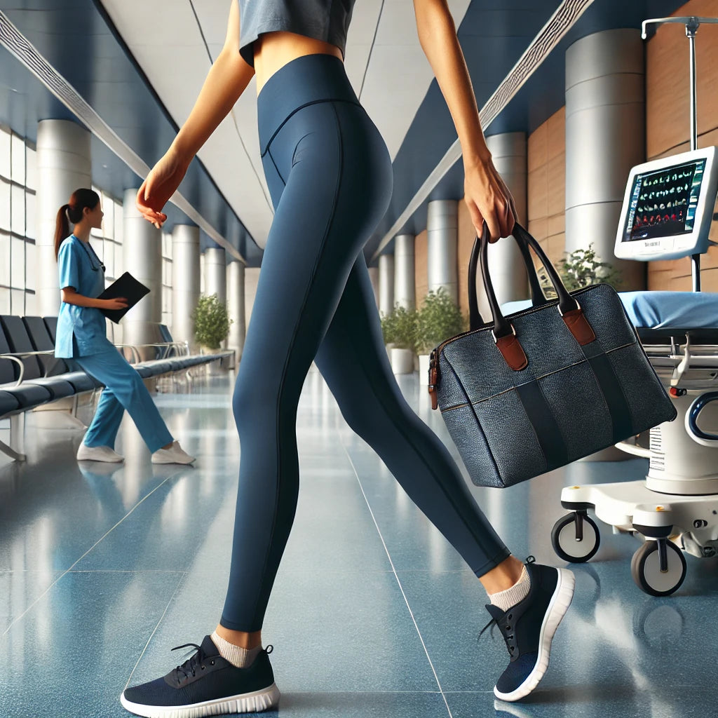Navy blue yoga leggings worn by a travel nurse rushing through a hospital hallway with a gym bag, highlighting flexibility and comfort for both work and workouts.