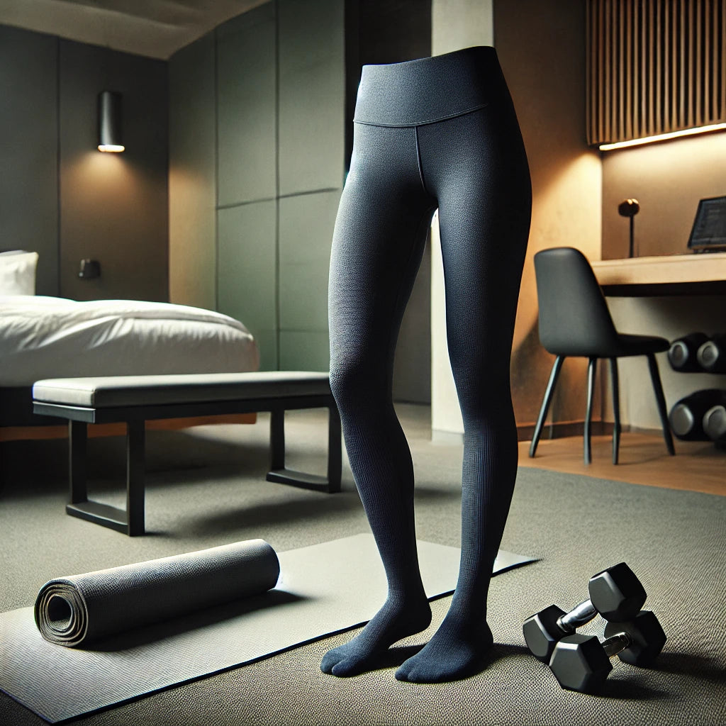 Navy blue yoga leggings laid out in a modern, compact hotel gym setting with dumbbells and a yoga mat, ideal for traveling professionals working out in small spaces.