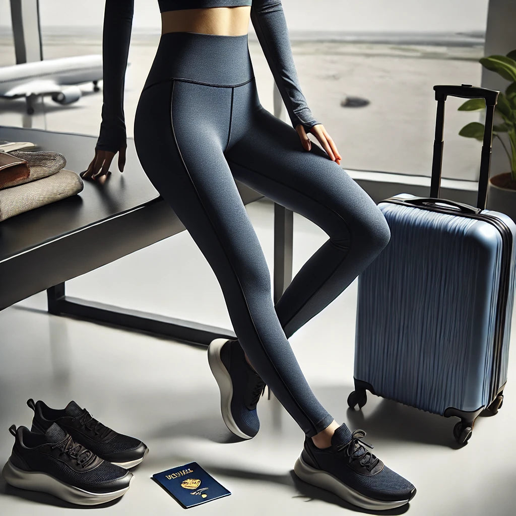Navy blue yoga leggings displayed with travel essentials like a suitcase and yoga mat, emphasizing versatility and comfort for workouts and casual wear while traveling.