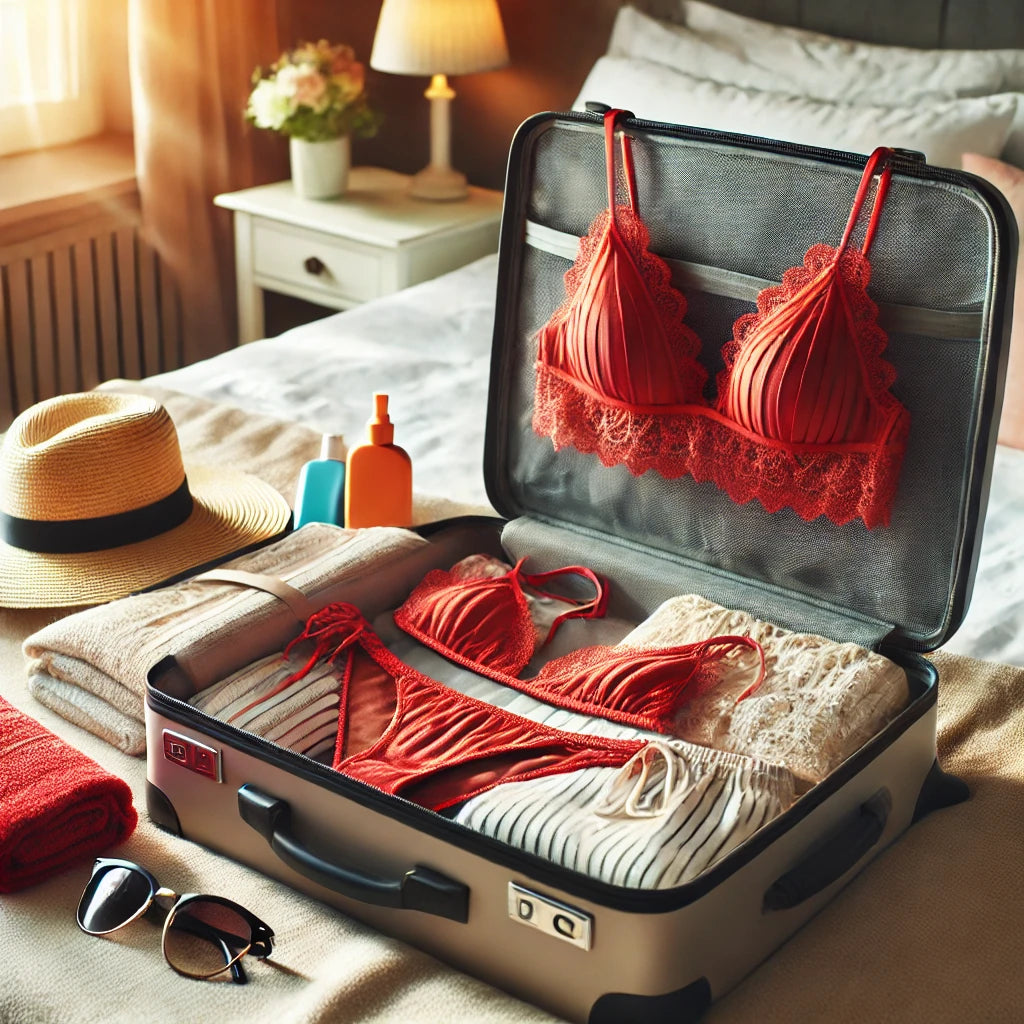 An open suitcase on a hotel bed with a folded red string bikini set, sunglasses, sunscreen, a beach towel, and a wide-brimmed hat, neatly packed for a beach getaway.