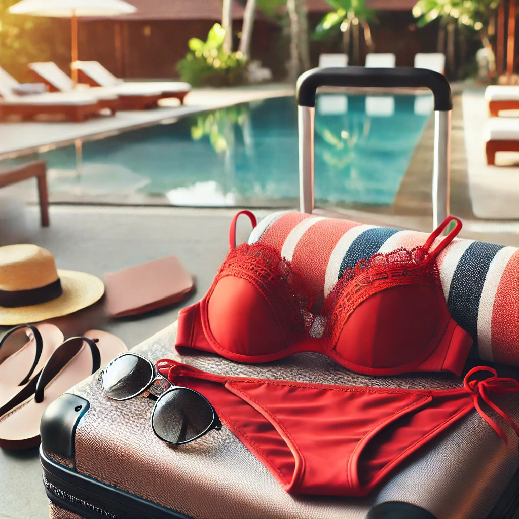 Red string bikini set neatly placed on a suitcase surrounded by travel essentials like a beach towel, sunglasses, and flip-flops, evoking the feeling of a beachside or hotel pool destination.