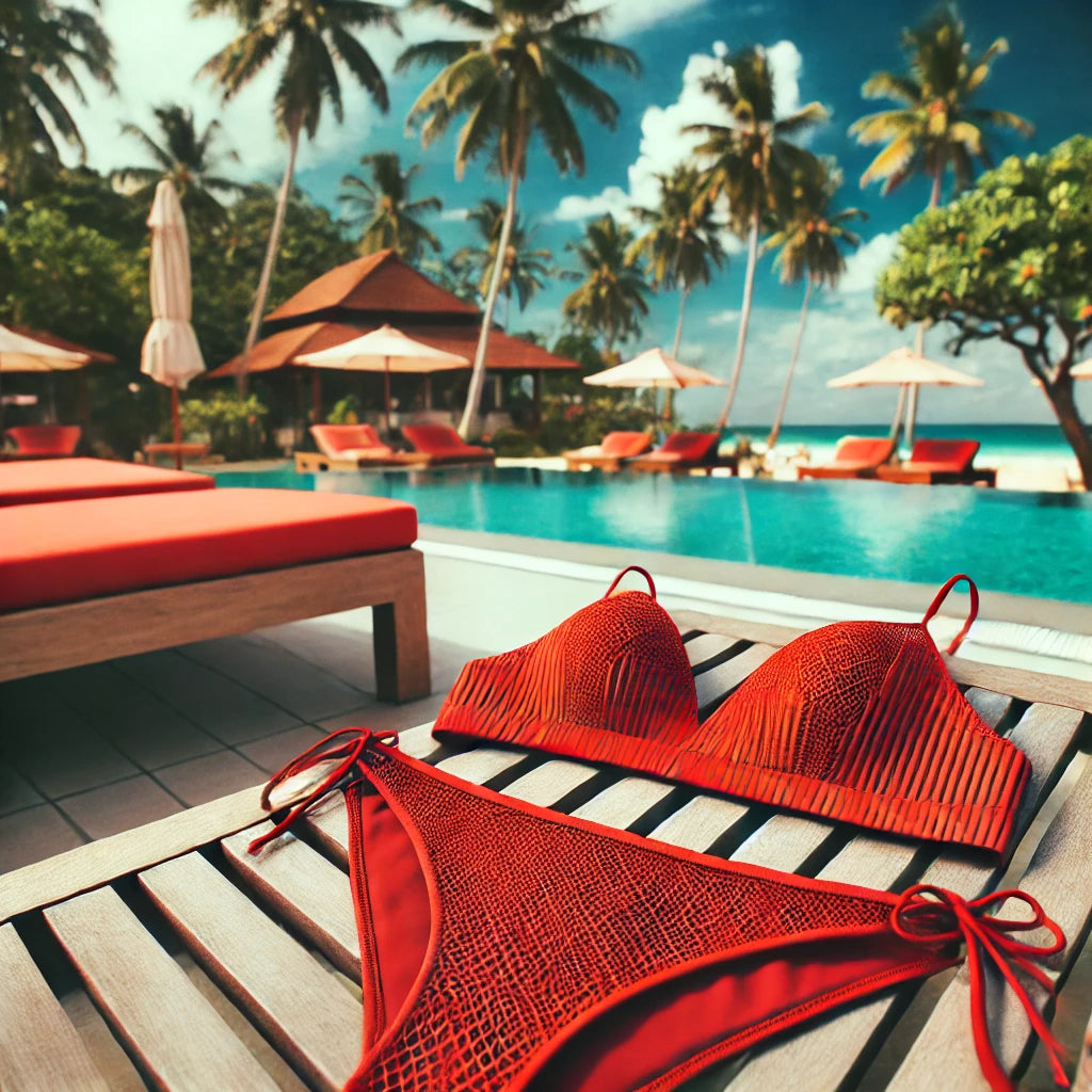 A stylish red string bikini set placed on a sunbed near a pool, with palm trees and beach umbrellas in the background, reflecting a luxurious vacation atmosphere under a clear blue sky.