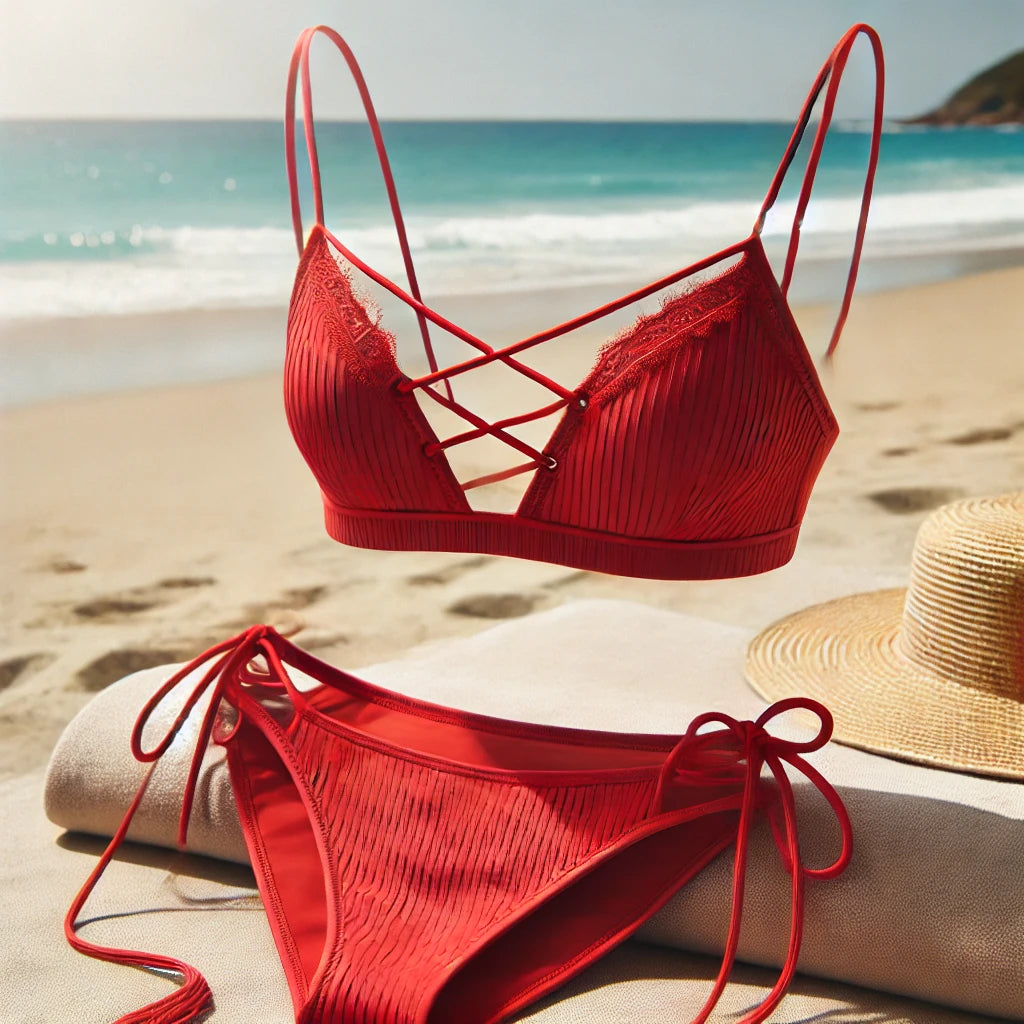A vibrant red string bikini set laid out on golden sand with gentle ocean waves in the background.