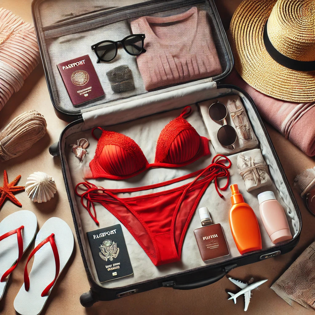 Red string bikini set neatly folded in a suitcase surrounded by travel essentials like sunglasses, sunscreen, a sun hat, passport, and flip-flops, with soft lighting highlighting the vibrant bikini ready for a beach getaway.