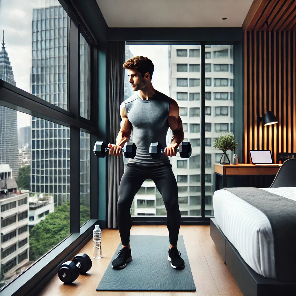 Fit individual performing bicep curls with dumbbells in a compact hotel room, with a bed and a window overlooking a city skyline.