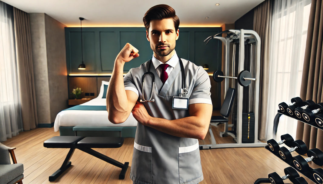 A confident professional traveler flexing their arm in a small hotel gym or room, with minimal gym equipment in the background.