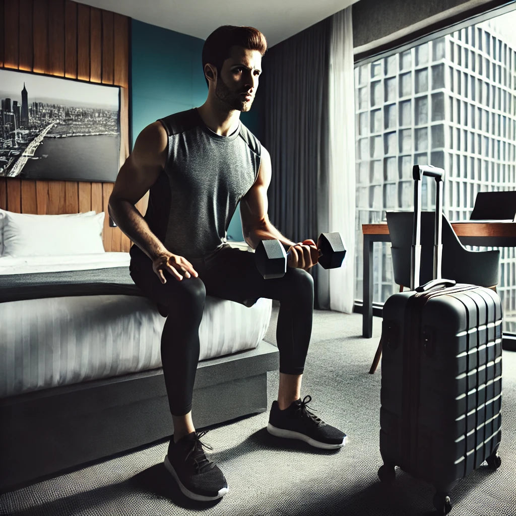 Professional traveler performing an upper-body workout with dumbbells in a modern hotel room, maximizing small space for fitness while on the go.