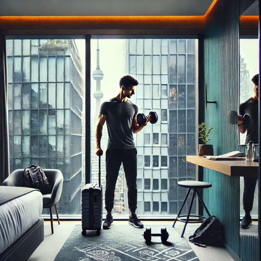 Traveler performing dumbbell curls in a small hotel room with city skyline view, showcasing muscle-building in limited space.