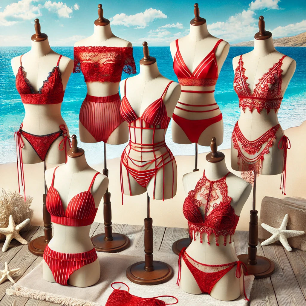 Five red string bikinis displayed in a beach setting, featuring unique designs with thin straps and bold cuts.
