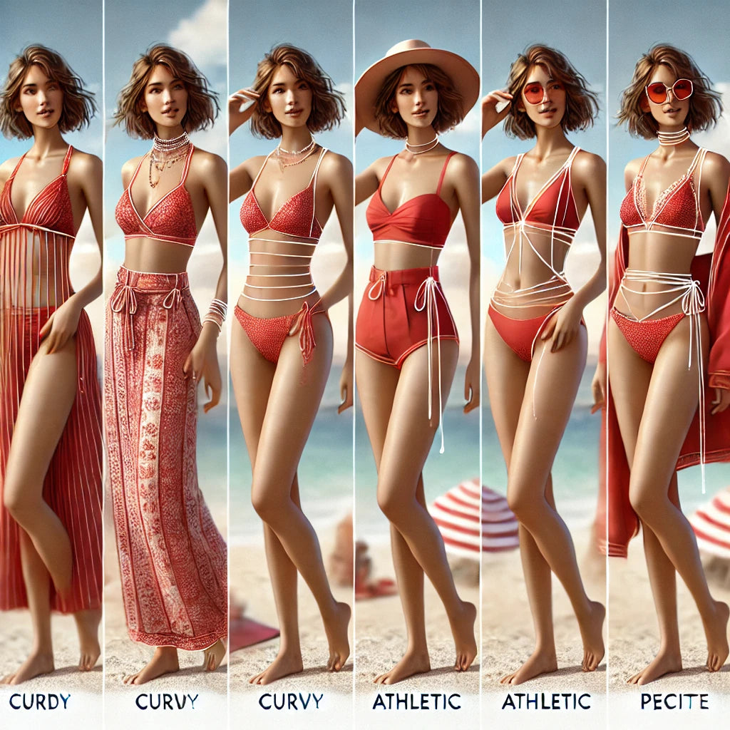 Various body types, including curvy, athletic, and petite, confidently styled in a red string bikini on a sunny beach.