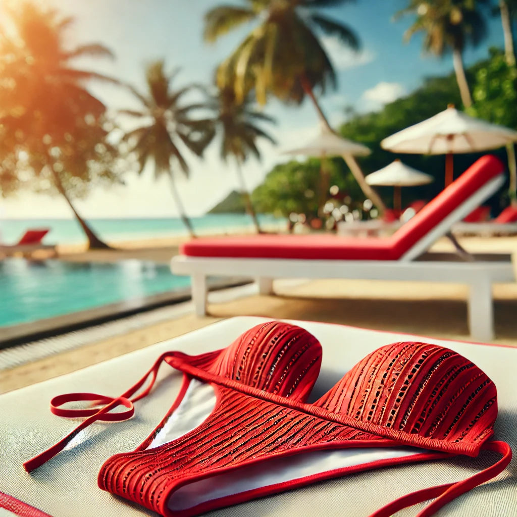 ed string bikini on a sun lounger by the poolside, with thin adjustable straps and ties, perfect for different body types.