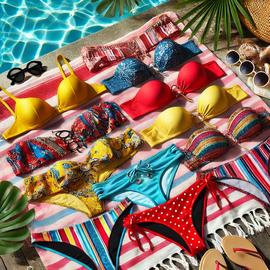 Seven vibrant string bikinis in bold summer colors like red, yellow, and blue, laid out on a beach towel by a poolside.