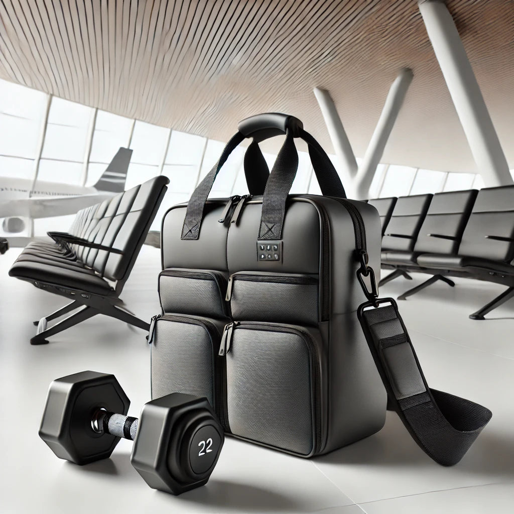 Travel-friendly fitness bag with durable straps and multiple compartments for carrying dumbbells, displayed in a minimalistic airport lounge.
