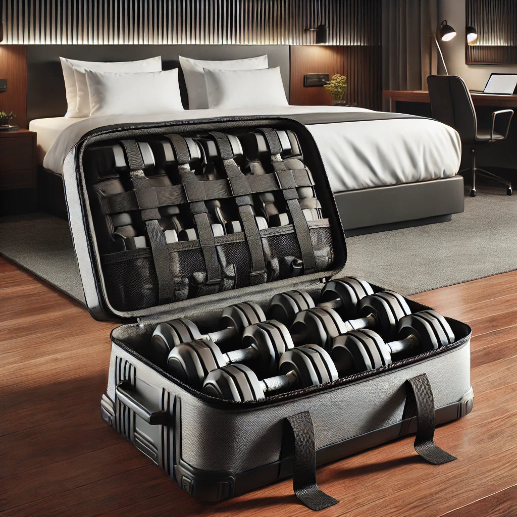 Specialized dumbbell travel bag with compact dumbbells, shown open on the floor of a modern hotel room.