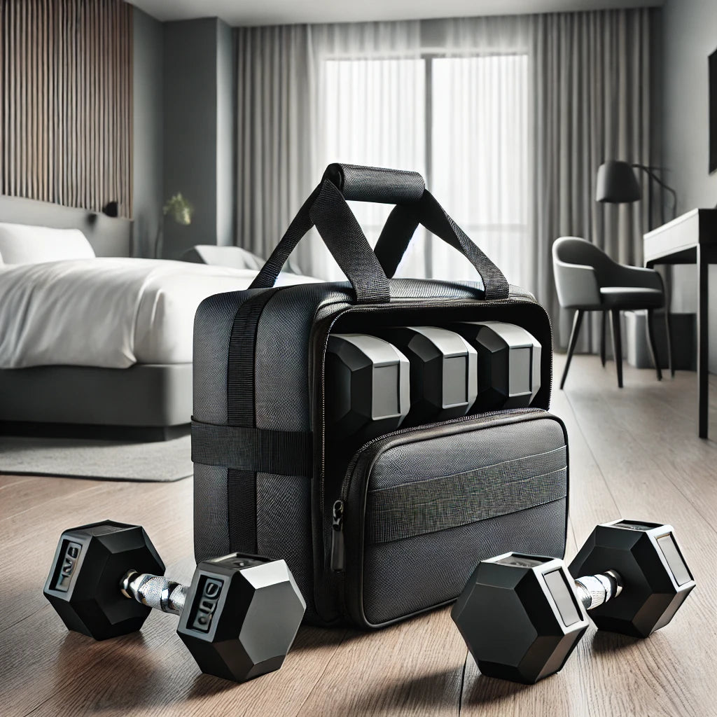 A sleek, compact fitness bag for dumbbells in a modern hotel room, showcasing durable straps and organized compartments for workout gear.