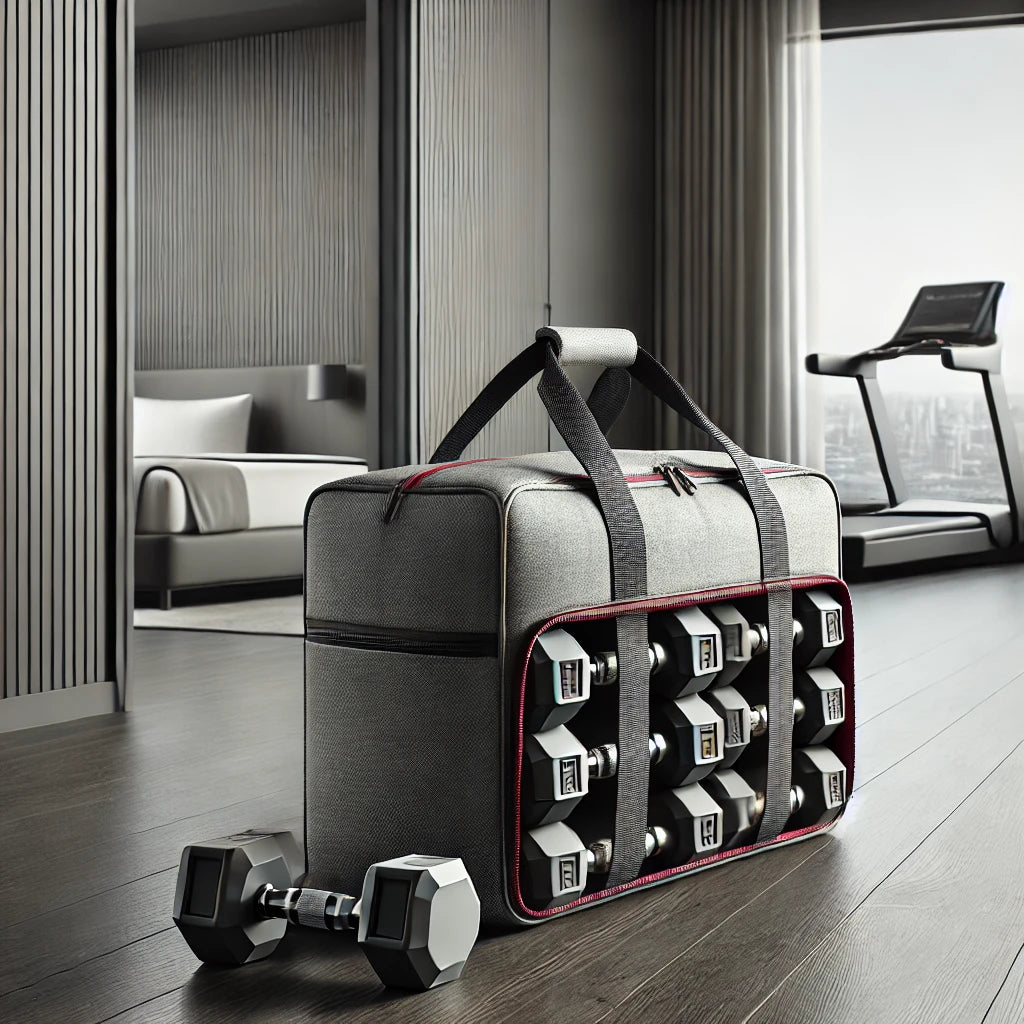 Lightweight and durable dumbbell bag placed in a modern hotel room, showing neatly packed dumbbells with sturdy handles and compartments.