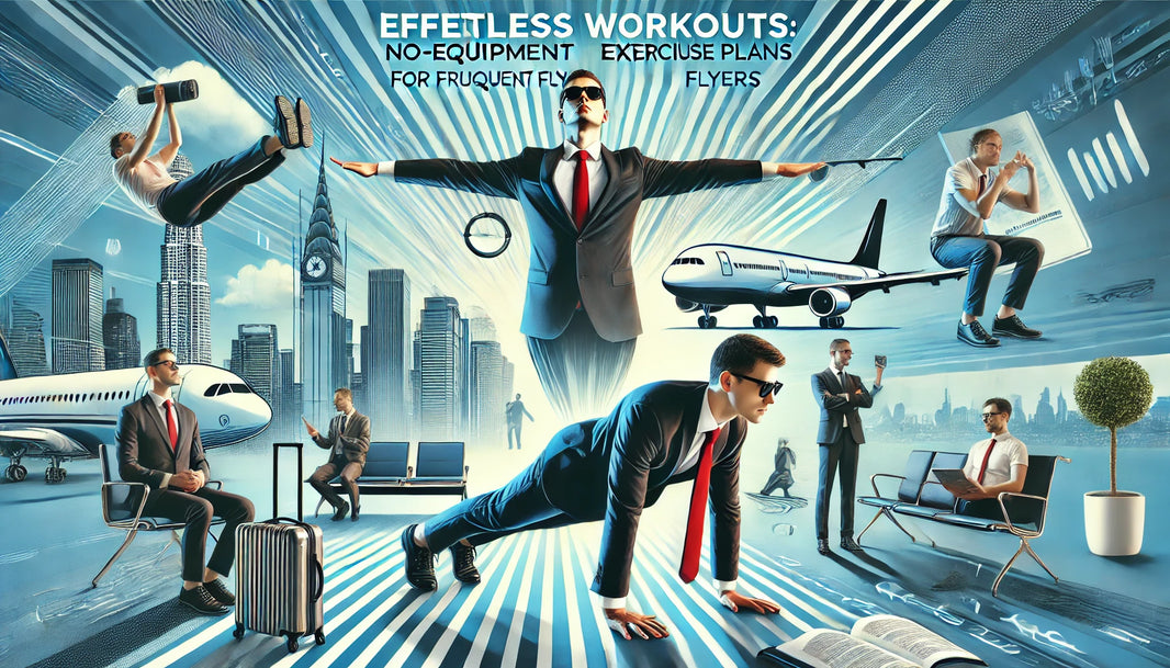 Dynamic and vibrant cover image for a blog post titled 'Effortless Workouts: No-Equipment Exercise Plans for Frequent Flyers,' featuring a collage of a business traveler performing various no-equipment workouts