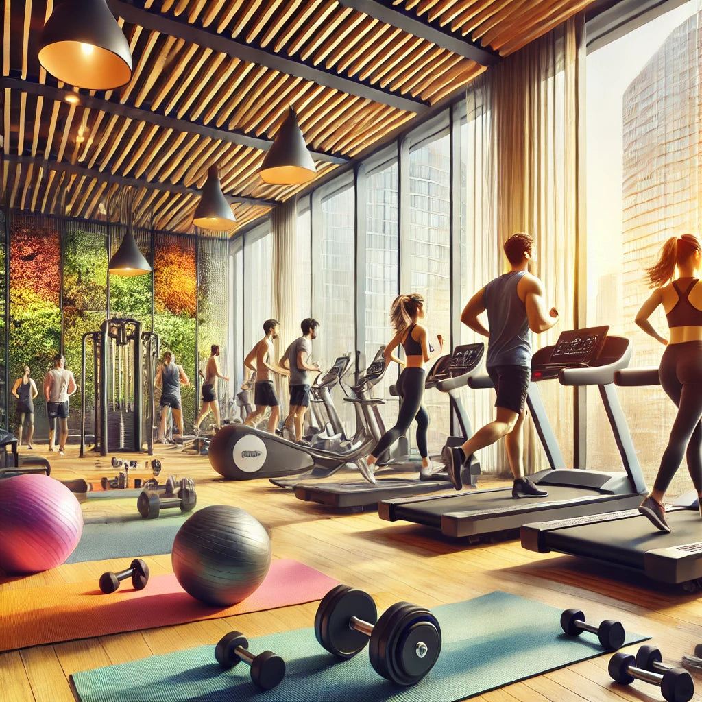 Travelers working out in a well-equipped hotel gym, showcasing a variety of exercises including running on treadmills, lifting dumbbells, and practicing yoga, with ample natural light and a wide array of equipment