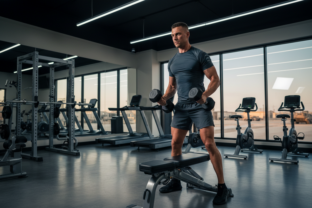 Active duty service member performing hotel gym workout — military TDY fitness protocol for service members
